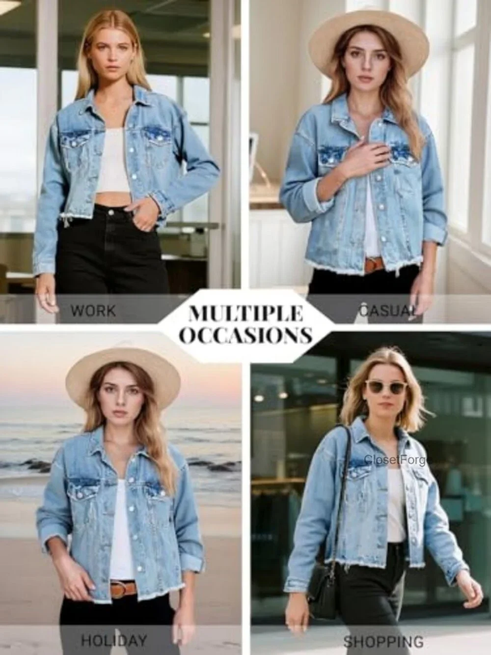 Women's Cropped Denim Jacket Frayed Raw Hem Button Front Long Sleeve